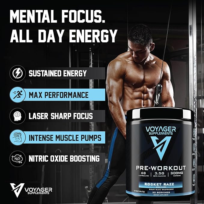 Voyager Pre-Workout Rocket Razz – Creatine-Free Powder w/L-Citrulline, Beta-Alanine, Caffeine – Supports Energy, Endurance & Focus – 30 Servings – No Artificial Fillers – GMP Certified