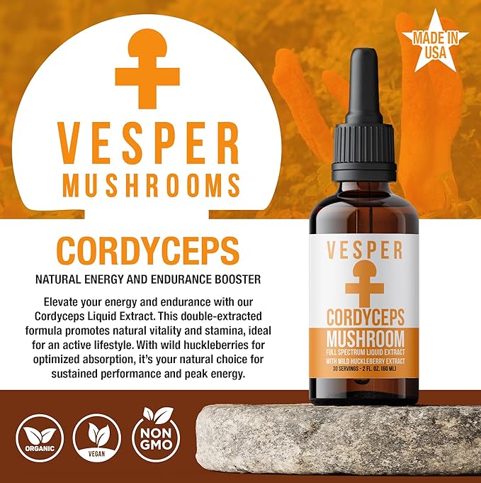Vesper Cordyceps Mushroom Liquid Extract - Double Extraction with Wild Huckleberries for Energy, Endurance, Circulation Support, USA-Grown, for Natural Stamina & Vitality – 2oz