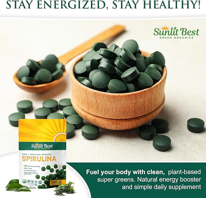 Sunlit Best - USDA Organic Spirulina Tablet - Natural Super Greens Supplements for Immune Support, Gut Health & Boost Energy Tablets with Chlorophyll, Vegan & High Protein Non GMO, 1000 Superfood Tabs