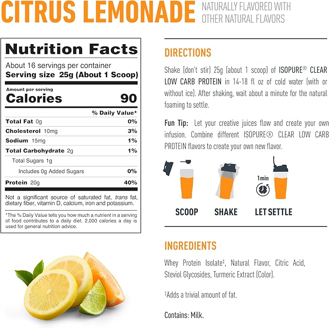 Isopure Clear Whey Isolate Protein Powder, Lactose Free, Gluten Free, Naturally Flavored, Citrus Lemonade, 20g Protein Per Serving, 14.1 Oz, 16 Servings (Packaging May Vary)