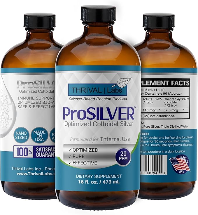 ProSILVER Blue Label 20 PPM True Colloidal Silver Liquid (16oz), Optimized Bio-Active Nano-Sized Liquid Silver for Immune Support, Dark Glass Bottle - Thrival Labs (Plata coloidal)