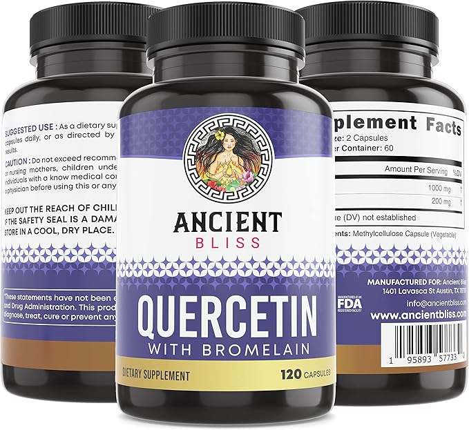 Ancient Bliss Quercetin with Bromelain | Quercetin 1000mg Bromelain 200mg per Serving | Supports Immune System, Joint Health, Respiratory Health & Overall Well-Being – 120 Capsules