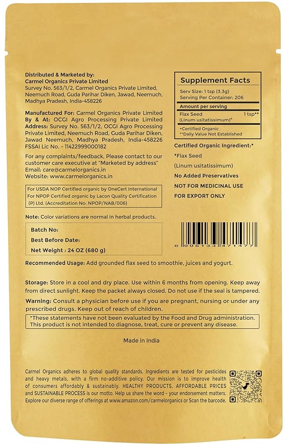 Organic Flax Seeds Whole 24 Ounce or 680 g (1.5 Lb) | Non GMO | Kosher | USDA Certified Organic | By Carmel Organics | Unroasted Flax Seed | Plant Based | Linum usitatissimum