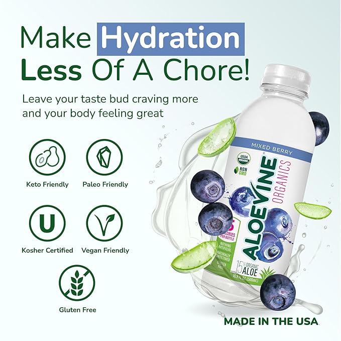 Aloe Vera Juice, No-Pulp Organic Drink, Healthy with Aloe Powder and Lemon Juice, 5 Calories, Low Sugar, No Artificial Ingredients, 16.9 oz, 12 Pack, Mixed Berry - Aloevine