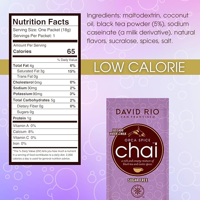 Orca Spice Reduced Calorie Chai Tea Latte Mix, .63 Oz (Pack of 48), Single Serve Packets, Black Tea, Organic Spices, Sugar Free, Dairy Free, Serve Hot or Cold, Just Add Water or Milk
