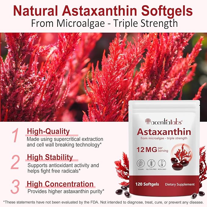 Astaxanthin Supplements 12mg 120 Softgels, Premium Astaxanthin Antioxidant Supplement, Supports Eye, Skin, Joint, Brain, Heart & Immune System Health, Fresh Microalgae Source, Non-GMO & No Gluten