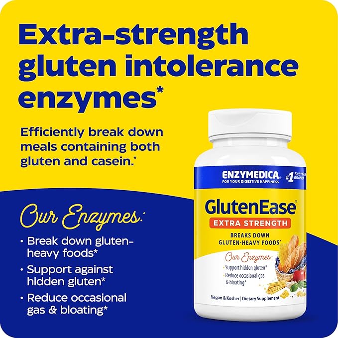 Enzymedica, GlutenEase Extra Strength, Maximum Potency Digestive Enzymes, Supports Gluten & Casein Intolerance, 60 Count