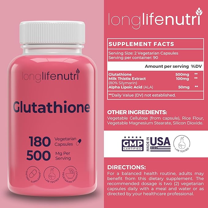 Reduced Glutathione 500mg – with White Milk Thistle and Alpha Lipoic Acid, 180 Vegetarian Capsules, Natural Antioxidant, 3-Month Supply, GMP Certified, Made in USA