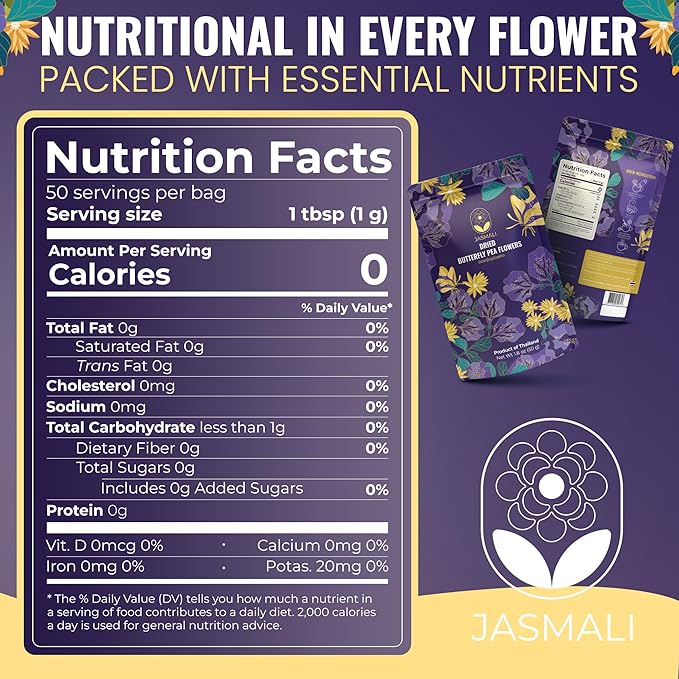 Jasmali Butterfly Pea Flower Tea - 1.8 oz Loose Leaf, Herbal, Caffeine Free, Vegan, Gluten Free, Thai Organic