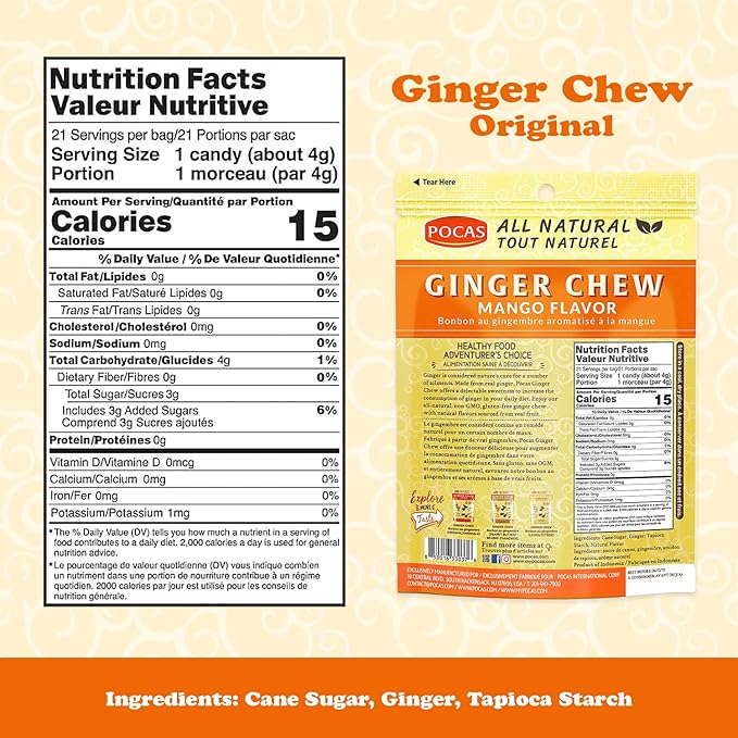 Pocas Mango Ginger Chews - Sweet and Zesty Ginger Chew, Individually Wrapped Low-Calorie Snacks, Ginger Candy Made with Pure Cane Sugar, 3 Oz Ea (Pack of 4)