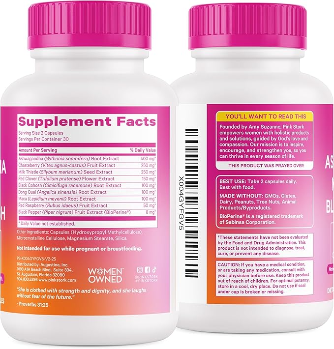 Pink Stork Perimenopause Support for Women – Ashwagandha, Maca Root, Black Cohosh + Dong Quai, Chasteberry, Red Clover – Hormone Balance, Cortisol, Adrenal Support – 60 Vegan Capsules