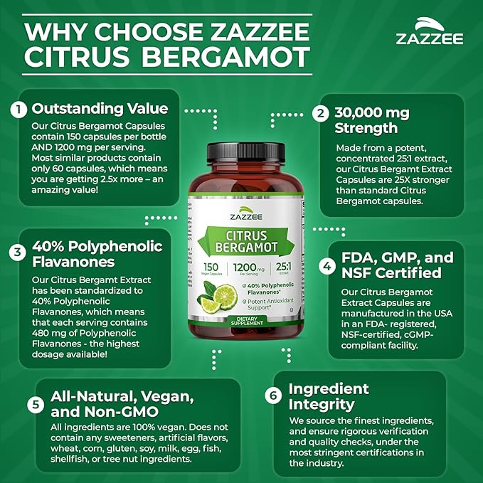 Zazzee Citrus Bergamot 25:1 Extract 1200 mg, 40% Polyphenolic Flavanones, 150 Vegan Capsules, Kosher, Concentrated and Standardized 25X Potency, Non-GMO and All-Natural, Made in The USA