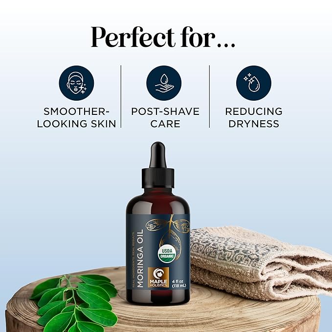 Organic Moringa Oil for Hair and Skin - Cold Pressed Virgin Unrefined Natural Pure USDA Organic Hair Oil for Dry Damaged Hair and Ultra Hydrating Face Oil - Carrier Oil for Essential Oils Mixing