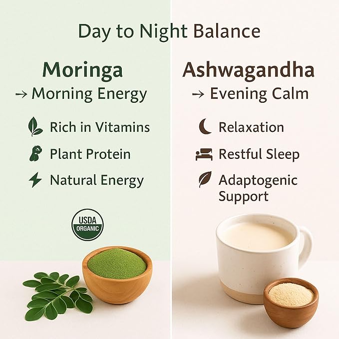 Organic Moringa & Ashwagandha Powder Bundle โ 1 lb (454g) Each โ USDA Organic Herbal Superfood Adaptogens for Energy, Stress Relief, Focus, Immune Support โ Vegan, Non-GMO Supplement for Daily Use