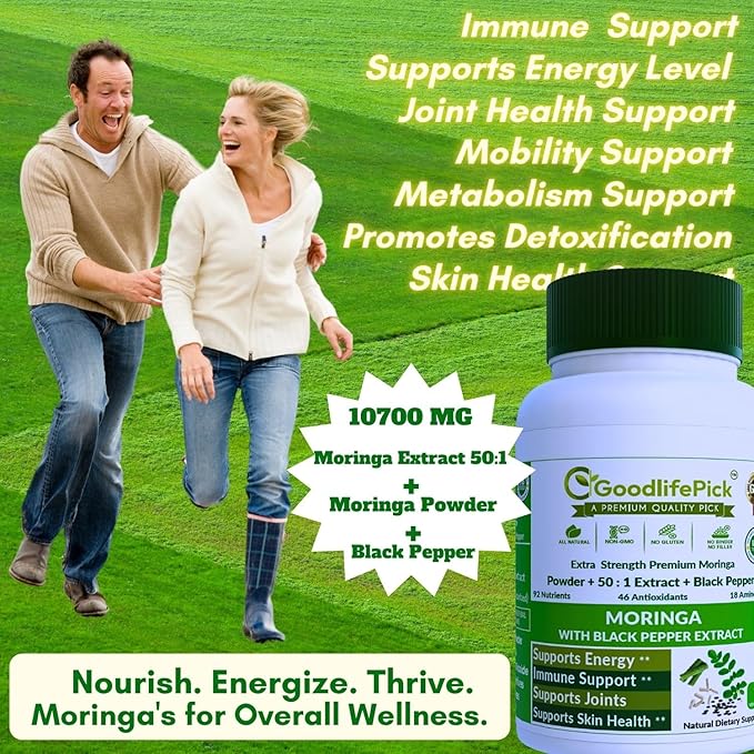 Premium Moringa Capsules. with Black Pepper from Handpicked Moringa Leaves with 50:1 Extract & Moringa Powder for Overall Wellness 90ct AllNatural NonGMO Lab-Tested No Rice Powder No Filler Vegan