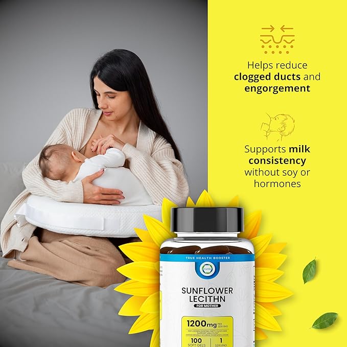 Sunflower Lecithin 1200 mg, Milk Flow, Soy-Free & Non-GMO Support for Breastfeeding Moms Unblocks Clogged Milk Ducts, Brain, Nerve & Liver Health, Phospholipid-Rich for Mother 100 Softgel