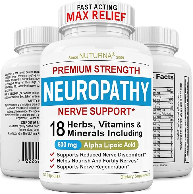Neuropathy Support Nerve Supplement with 600 mg Pure Alpha Lipoic Acid - Maximum Strength Formula, Fortify Nerves in Fingers, Hands, Toes, & Feet - Best Peripheral Relief Support - 120 Capsules