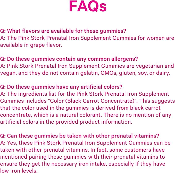 Pink Stork Prenatal Iron Supplement Gummies for Women - 20 mg with Vitamin C - Grape Chewable for Deficiency, Energy, & Blood Builder - 60 Gummy Chews
