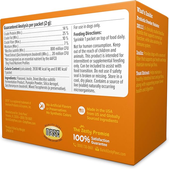 Zesty Paws Powder Probiotics for Dogs - Meal Topper for Digestive, Immune System Support - Premium DE111 Dog Probiotics for Digestive Health - Inulin Fiber & Yeast Extract - Pumpkin Flavor - 30 Ct