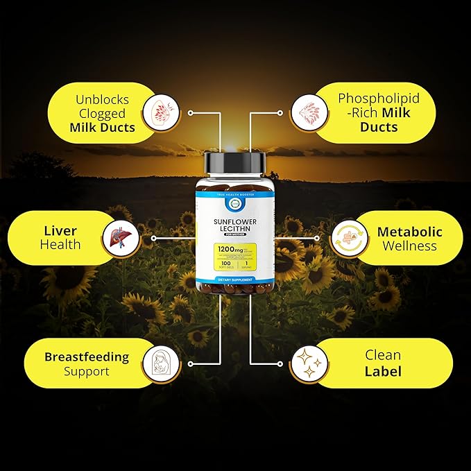 Sunflower Lecithin 1200 mg, Milk Flow, Soy-Free & Non-GMO Support for Breastfeeding Moms Unblocks Clogged Milk Ducts, Brain, Nerve & Liver Health, Phospholipid-Rich for Mother 100 Softgel