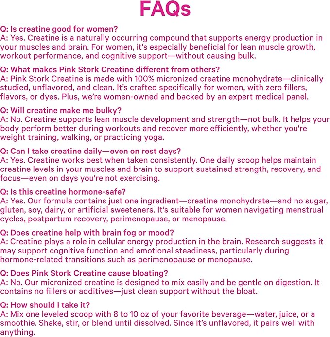 Pink Stork 5g Micronized Creatine Monohydrate Powder for Women - Support Muscles, Cellular Energy, Cognitive Function - Essential Amino Acid - Clean Alternative to Pills or Gummies - 30 Servings