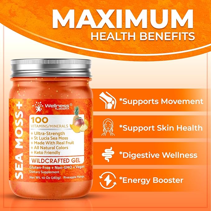 Irish Sea Moss Gel Raw - Wildcrafted Superfood Seamoss Gel - Pineapple Mango Flavor, Vitamin and Mineral-Rich from Pristine Caribbean Waters - 10 oz.