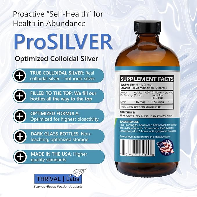 ProSILVER Blue Label 20 PPM True Colloidal Silver Liquid (16oz), Optimized Bio-Active Nano-Sized Liquid Silver for Immune Support, Dark Glass Bottle - Thrival Labs (Plata coloidal)