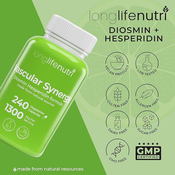 Diosmin Hesperidin Complex, Vascular Synergy 1000mg/300mg for Optimal Circulation & Vein Support: 240 Capsules, 120 Servings, 4-Month Supply, Made in USA