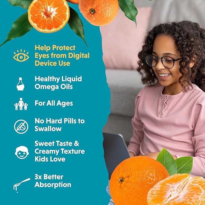 Barlean's Omega Pals Eye Health Liquid, Tangerine Flavored Omega 3 for Kids, Fish Oil Supplement with 500 mg of EPA & DHA Plus Lutein & Zeaxanthin Vitamins for Blue Light Support, 8 oz