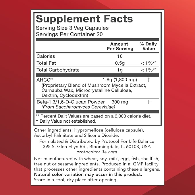 Protocol AHCC 600 mg - Liver & Immune Support Supplement with Beta-Glucan* - May Aid Cellular Health & Stress* - Vegan, Dairy Free & Nut Free - 60 Veg Caps