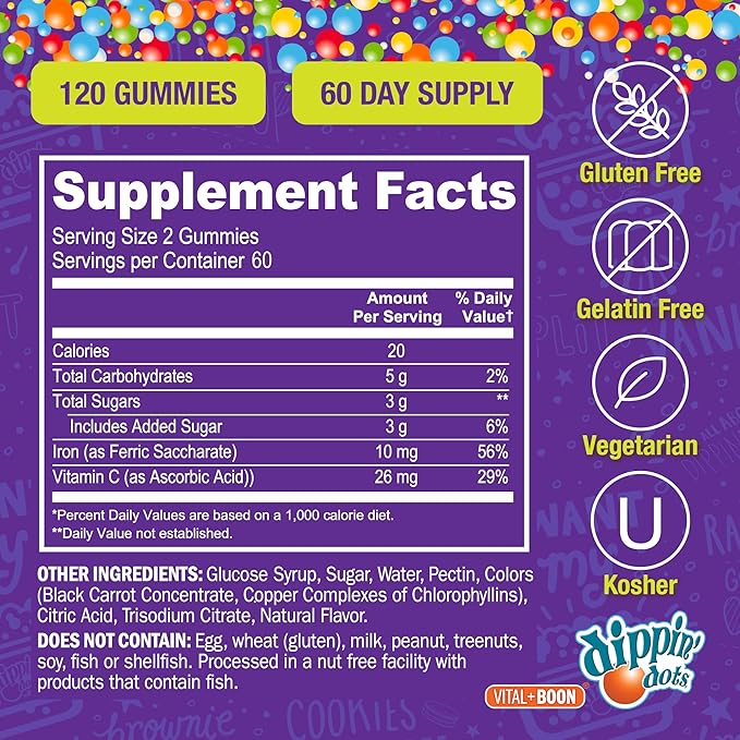 Iron with Vitamin C & B12 Gummies (120 Count) Vital for Red Blood Cell Formation | Gum Drop Grape Real Pectin Fruit Chew Supplements | Vegan, Non-GMO, Gluten Free & Gelatin Free