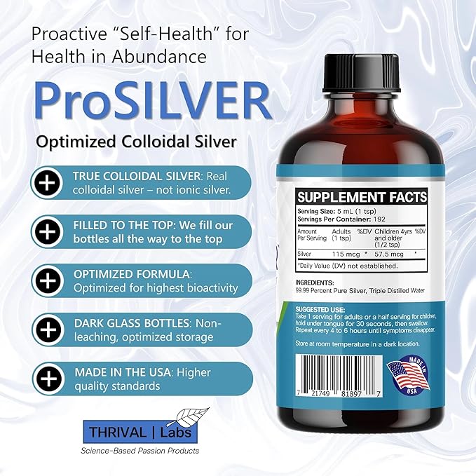 ProSILVER Blue Label 20 PPM True Colloidal Silver Liquid (32oz), Optimized Bio-Active Nano-Sized Liquid Silver for Immune Support, Dark Glass Bottle - Thrival Labs (Plata coloidal)
