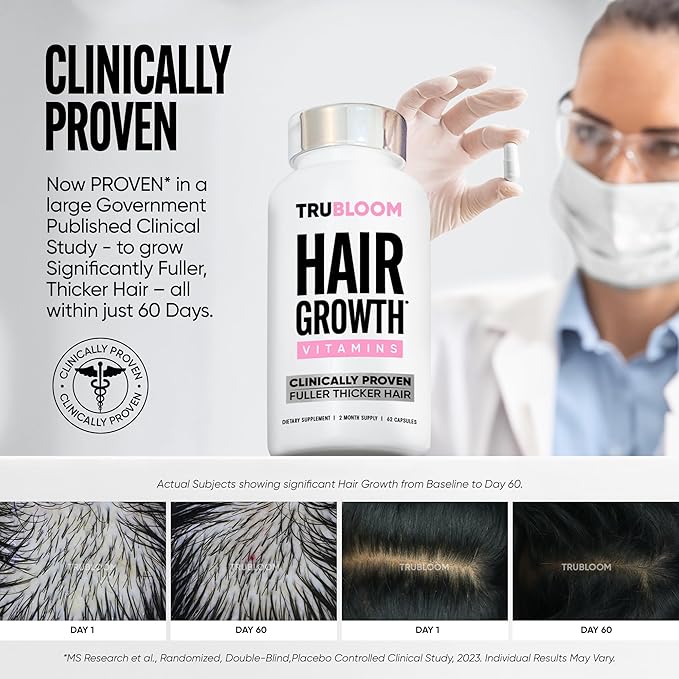 Tru Bloom Hair Growth Vitamins - 1 Month Supply. Clinically Proven to Grow Fuller, Thicker Hair. Natural & Drug-Free with Biotin, MSM, Zinc, D3 + Hair Superfoods. Non GMO