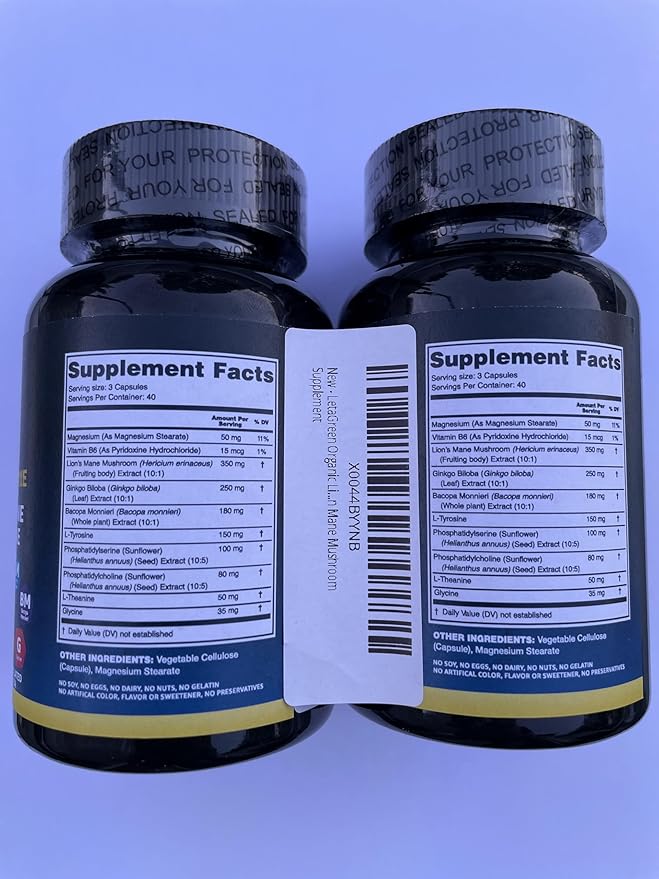 Organic Lions Mane Supplement Capsules - 240 Real Mushrooms Lion's Mane Capsules with Ginkgo Biloba Herb, Bacopa Monnieri, L Theanine, L Tyrosine - Mushroom Complex for Daily Wellness