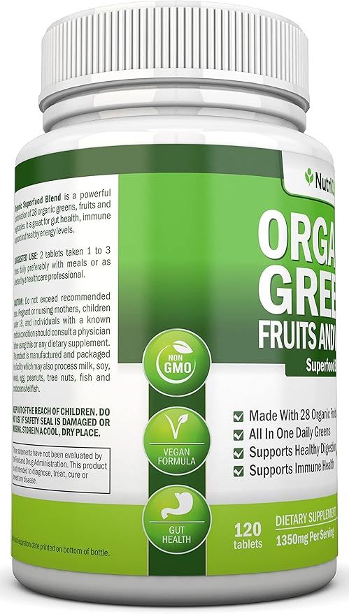 Organic Super Greens Capsules - Fruit And Vegetable Supplements - 120 Count - 28 USDA Organic & Vegan Premium Ingredients - Superfood Blend For Immune Health, Digestion & Energy - Whole Food Vitamins