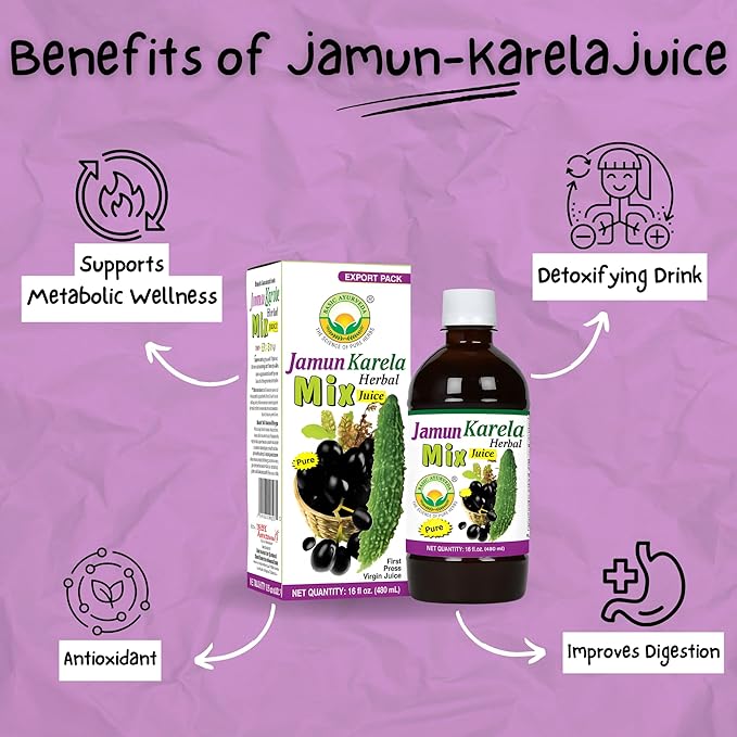 BASIC AYURVEDA Jamun Karela Herbal Mix Juice | Made with Indian BlackBerry & Bitter Gourd | Natural Herbal Blend for Skin & Eye Care | Supports Oral Health & Cleansing | 16.23 Fl Oz (480ml)