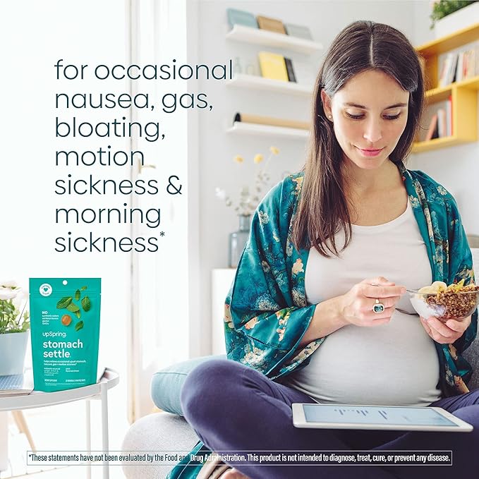 UpSpring Stomach Settle Drops for Occasional Nausea Relief/Upset Stomach with Ginger, Lemon, Spearmint, and B6. Mint Flavor Drops, 28 Ct(Packaging May Vary)