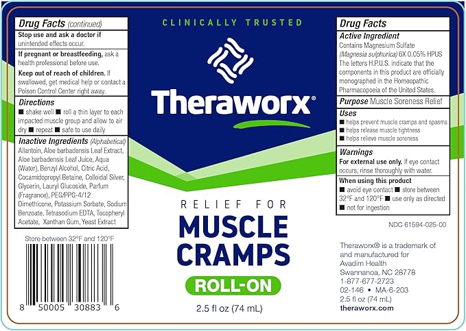 Theraworx Relief for Muscle Cramps Roll-On Fast-Acting Muscle Spasm, Leg Soreness with Magnesium Sulfate - 2.5 oz - 1 Count