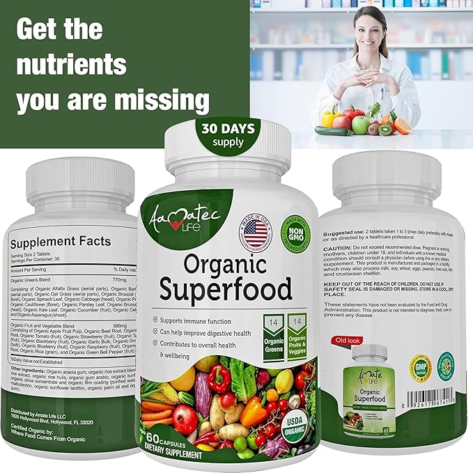 Organic Superfood Greens Fruits and Veggies Complex - Dietary Supplement with 14 Greens &14 Vegetables with Alfalfa Rich in Antioxidants Organic Ingredients Non-GMO (120 Count Pack of 2)