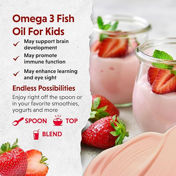 Barlean's Omega Pals Omega 3 for Kids, Yummy Straw-Nana Flavored Children's Liquid Flax Seed Oil Supplement with 1,483 mg ALA, Non-GMO, Vegan Brain and Eye Health, 8 oz