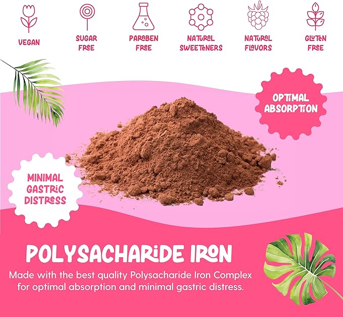 Iron Supplement for Women Drops Daily Support, 20mg of Polysaccharide Complex, Natural Sweeteners, Vegan and Paraben Free (Berry Daiquiri, 4 Fl Oz)