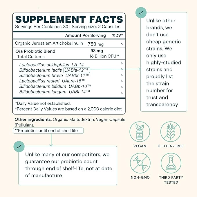 Ora Organic Probiotics with Prebiotics for Digestive Health 16 Billion CFU - Trust Your Gut - Strains - Acidophilus Lactobacillus Breve Bifidum Lactis