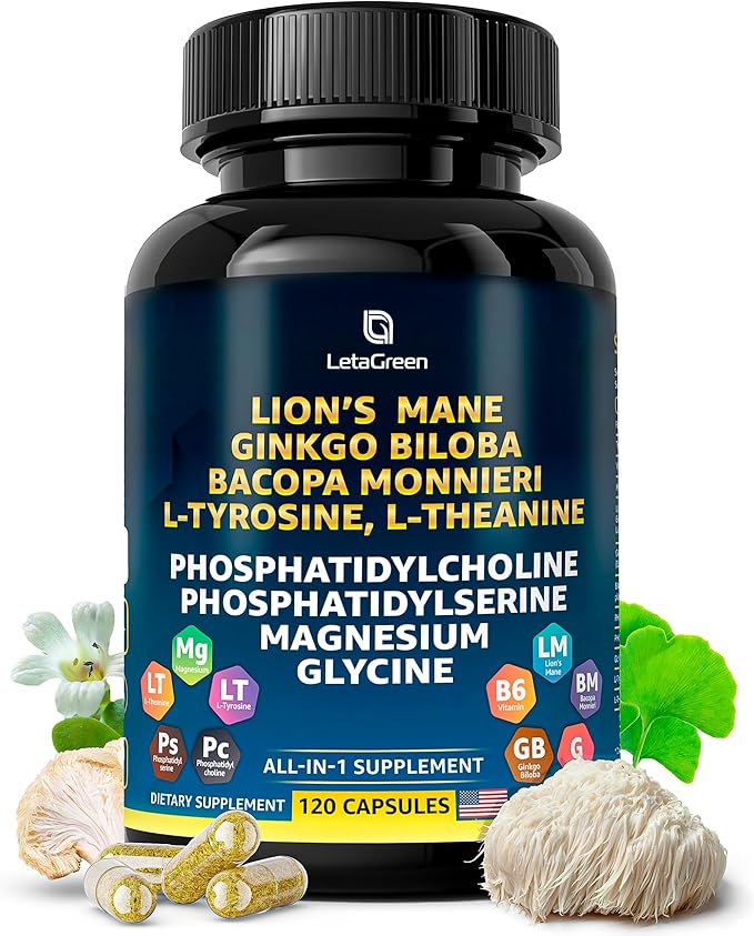 Organic Lions Mane Supplement Capsules - 120 Real Mushrooms Lion's Mane Capsules with Ginkgo Biloba Herb, Bacopa Monnieri, L Theanine, L Tyrosine - Mushroom Complex for Daily Wellness