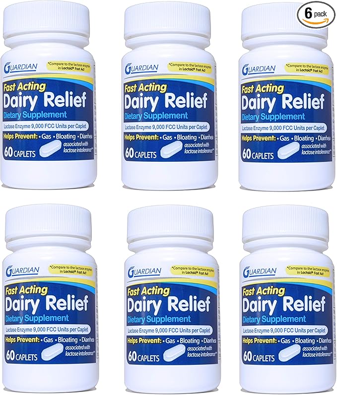 Guardian Dairy Relief Fast Acting Caplets, 9000 FCC, Lactose Intolerance Pills, Lactase Enzyme (360CT (Bottles))