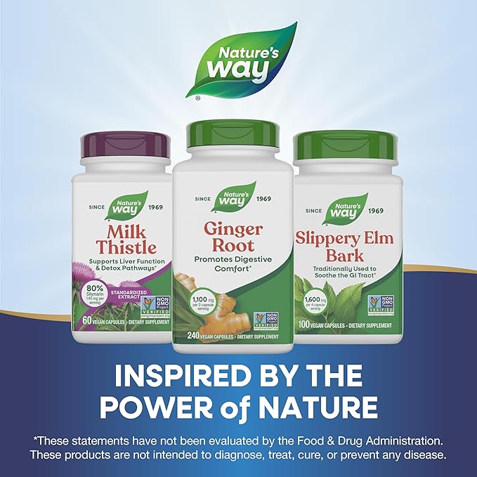 Nature's Way Ginger Root Capsules 550 mg per capsule, Digestive Comfort* Reduces Motion-Related Nausea*, 1,100 mg per 2 Capsules, Non-GMO Project Verified, Vegan, 240 Count (Packaging May Vary)