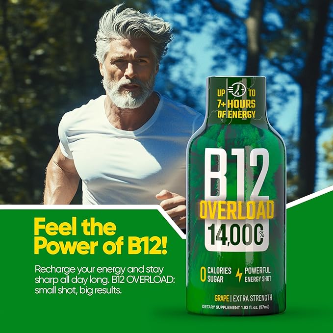 B12 Overload Extra Strength Energy Shot – Grape – 260mg Caffeine, 14000% B12, Electrolytes – Energy & Vitality Support – Zero Sugar No Calories – Vegan, Kosher, Gluten-Free – 1.93 fl oz, 24 -Pack