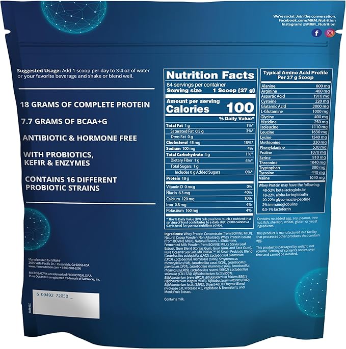 MRM Nutrition Whey Protein | Chocolate Flavored | 18g Protein | with 2 Billion probiotics + Digestive enzymes + BCAAs | High Absorption + Digestion | Hormone + antibiotic Free | 87 Servings