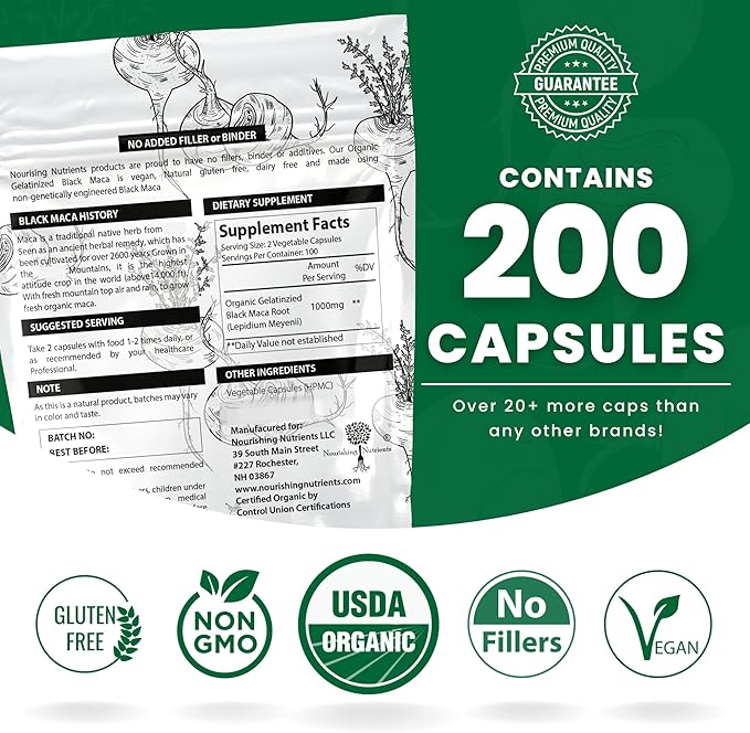 Organic Gelatinized Black Maca – 3X Stronger 200 Capsules for Men & Women, Natural Energy Supplement for Focus, Performance, Stamina & Endurance, Mood Enhancement and Stability, Mental Clarity 1000mg