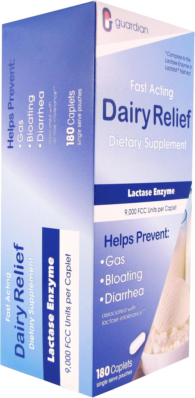 Guardian Dairy Relief Fast Acting Lactase, 360 Caplets, 9000 FCC Maximum Strength, Lactose Intolerance Pills, Lactase Enzyme Supplement (360 CT)