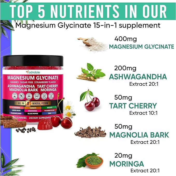 Adndale 90ct 15-in-1 Magnesium Glycinate Gummies 400 mg/serv- with Magnesium Malate, Ashwagandha, Tart Cherry, Magnolia Bark, Lemon Balm, Passionflower, Chamomile, L-Theanine, Zinc, Vitamin K2 & D3